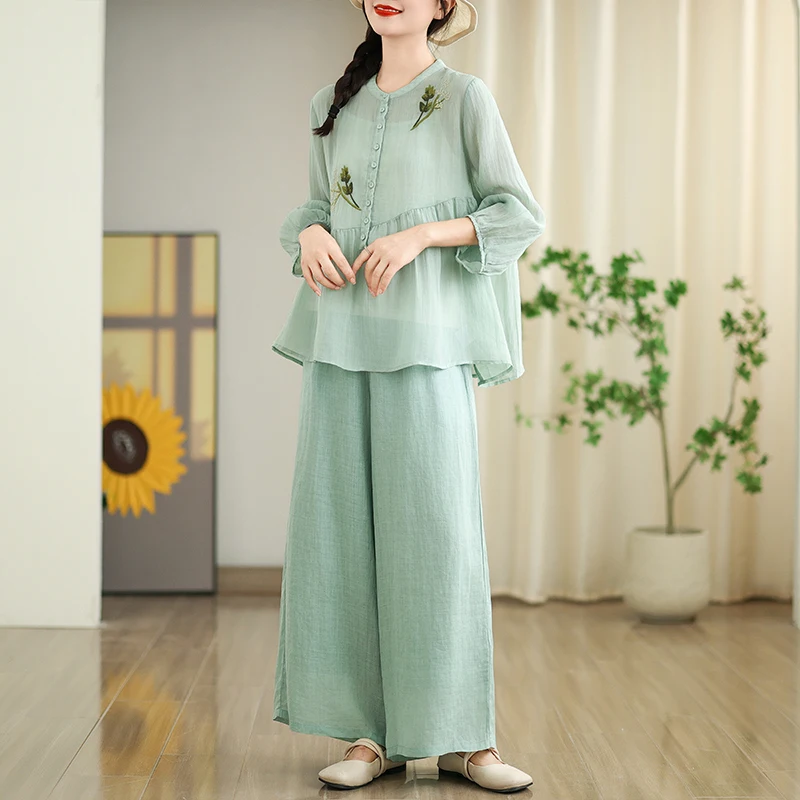 Повседневный комплект из хлопка и льна, женская футболка-квартира Све, летняя одежда с вышивкой, одинаковый комплект, широкие брюки, два пи...