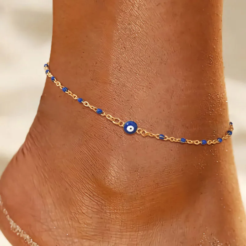 2pcs,Stainless Steel Lucky Evil Eye Anklet for Women, Blue Eye Beaded Chain Anklet, Summer Beach Lucky Gift