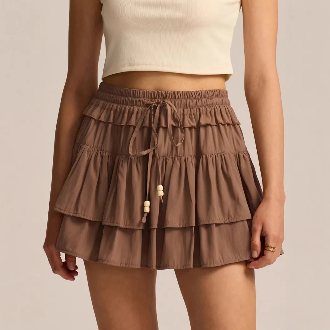 Pleated A-Line Skirt Women Green Ruffle Sweet Tierred Pretty Skirt Elastic Waist Summer Slim Basic Korean Harajuku Dresses