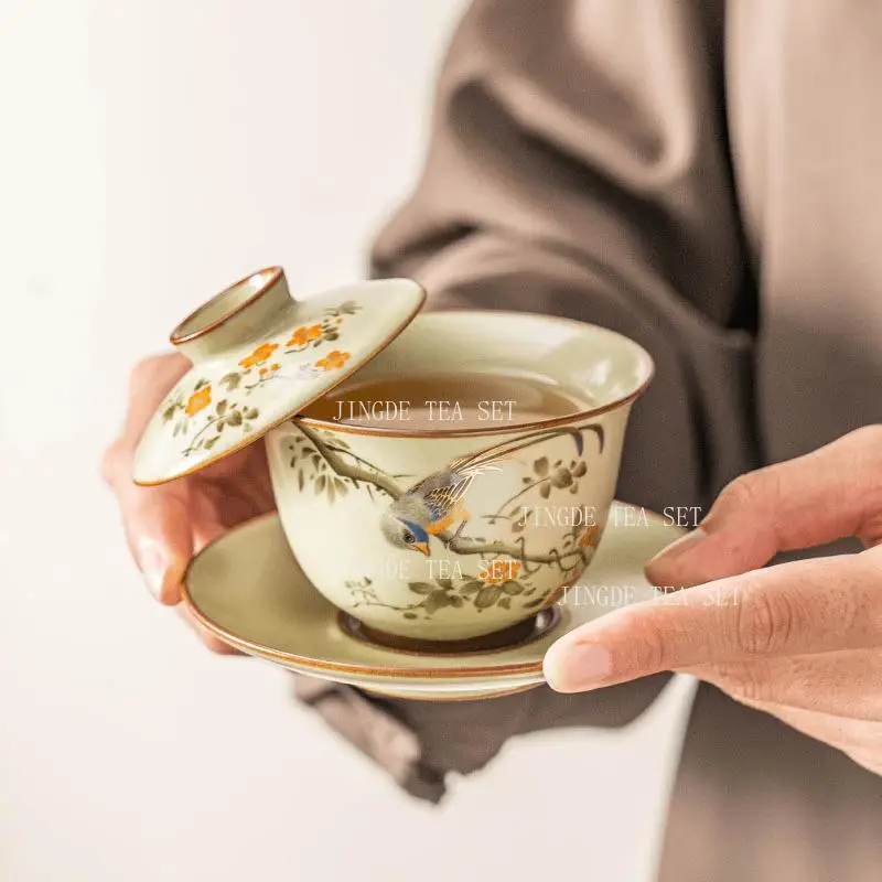 Ru Kiln Magpie Three Talents Bowl Cover Hoverable Chinese Style Lidded Bowl Household Tea Cup Large Capacity Drinking Utensils
