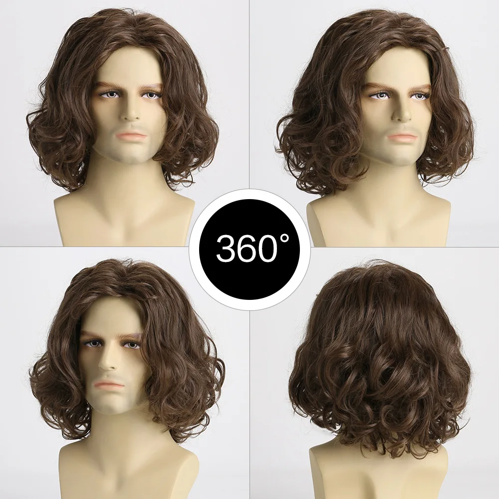 Synthetic Wigs For Men Party Male Wavy Short Brown Hair Medium Length Natural Wave Curly Adjustable Size Men