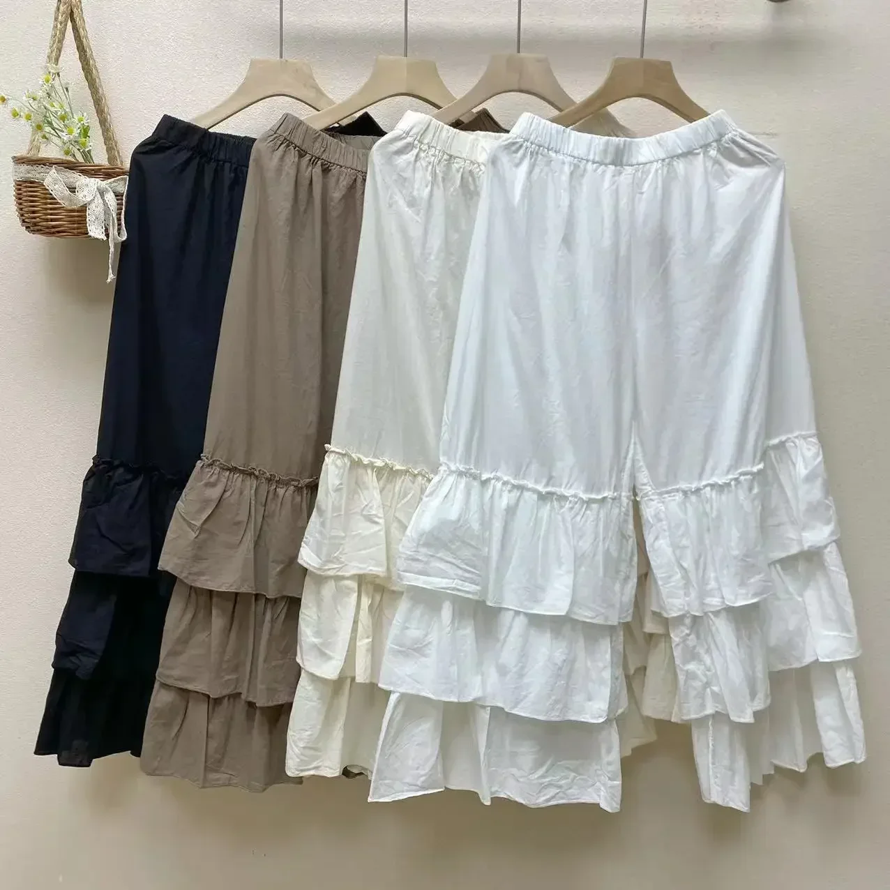 Victorian Cotton Wide Leg Ruffled  Loose Pants 2025 Women Elegant Vintage Retro Chic Rococo Pantaloons Culottes Cropped Trousers