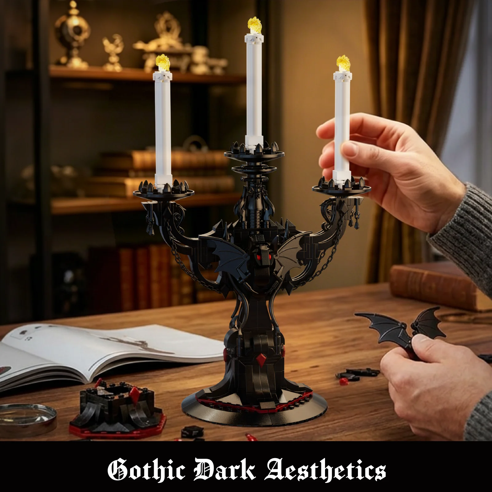 Gothic Batwing Candelabra Building Blocks Kit Simulation Candle Holder Ornament Dark Decor Bricks For Christmas Halloween Gifts view 2