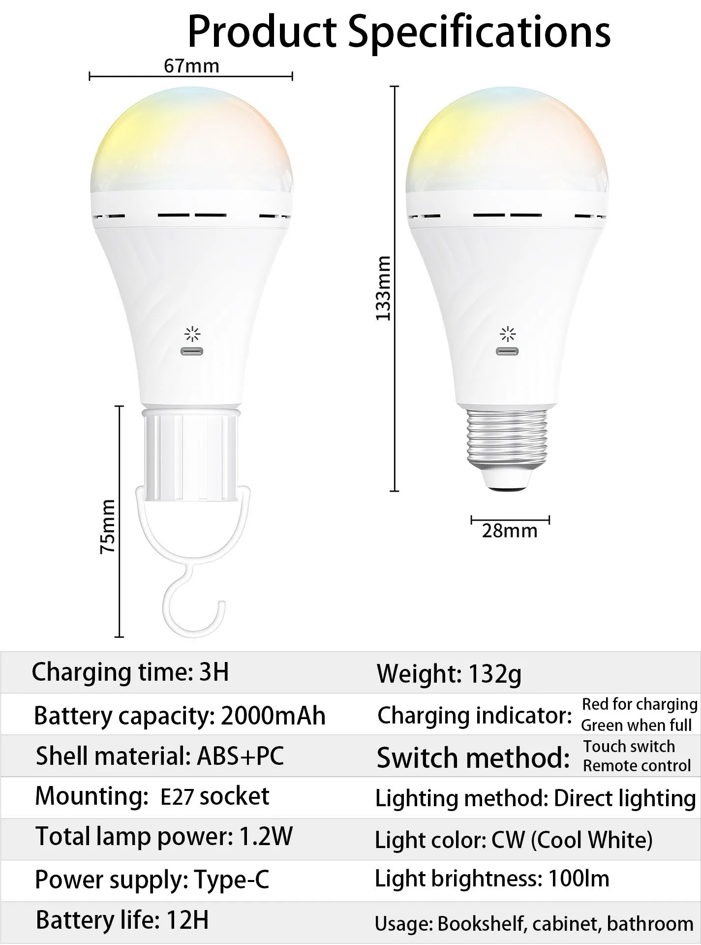 USB-C Rechargeable Emergency Bulb with E27 Socket, Tri-Color Temperature (3000K-6000K), Remote Control, for living room, bedroom