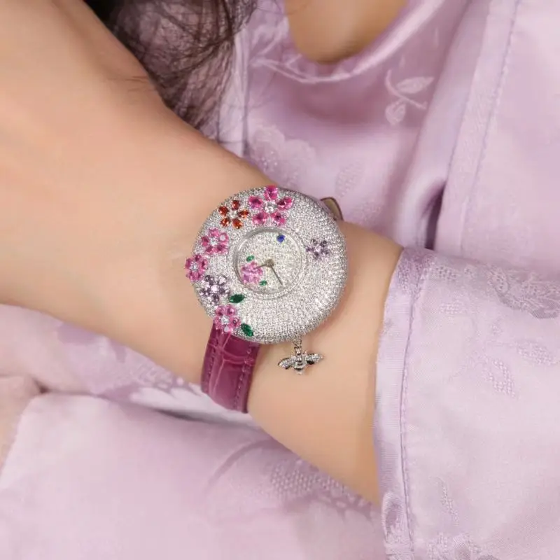 ZOCA Watches For Women Luxury 925 Sterling Silver Popular Pink Flowers Ladies Bracelet Quartz Clock  Wrist Watch New Clock