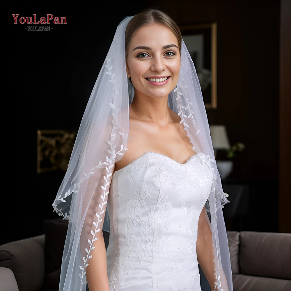 YouLaPan V141 2 Tiers Bridal Veil Elegant Wedding Veil with Blusher French Alencon Lace Cover Front and Back Oval White Bride