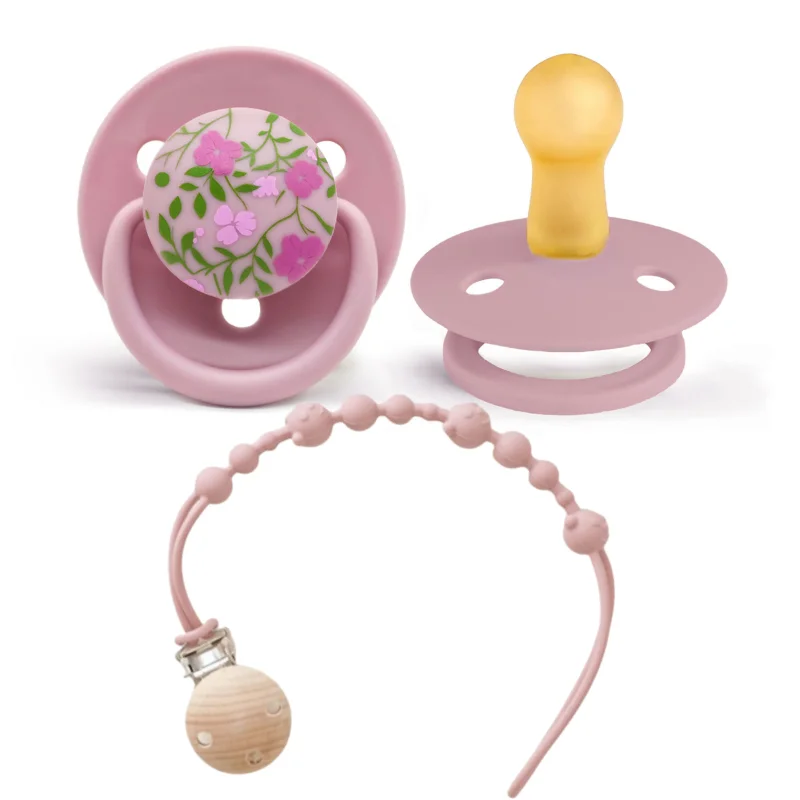 0-36 months baby food grade silicone pacifier + pacifier chain, macaron color and textured flower print