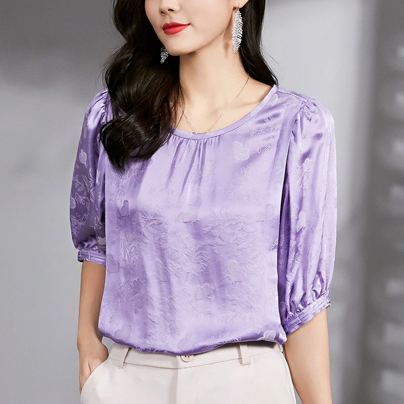 

New Fashion Woman Blouses Shirts 2026 Summer Elegant Half Puff Sleeve Women Vintage Shirt 50% Real Silk Female Print Blouse