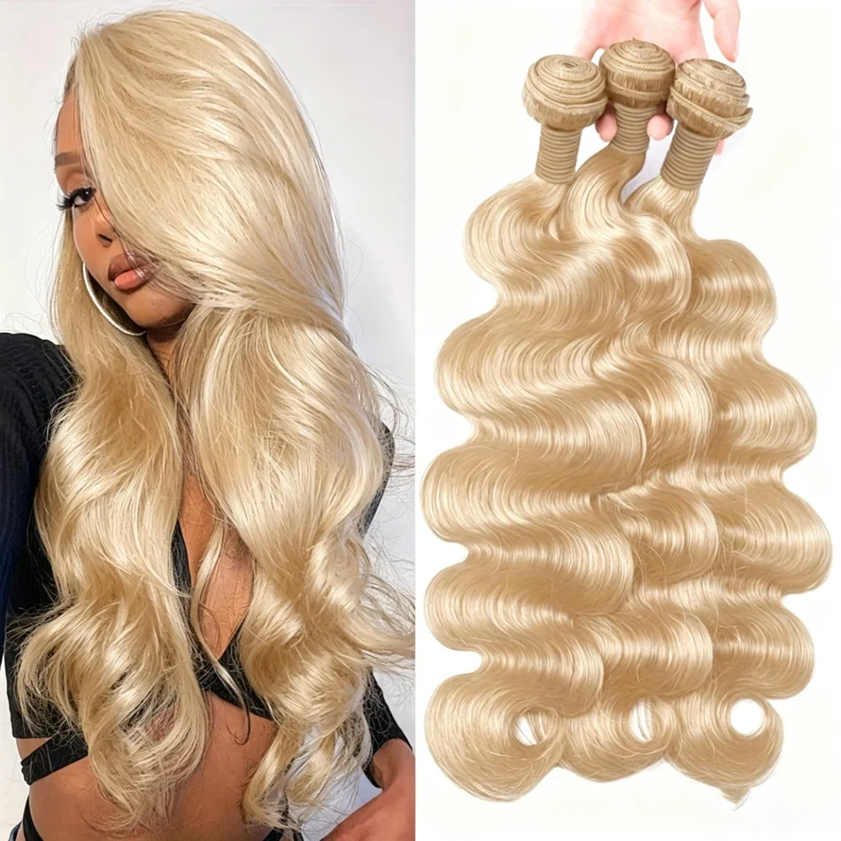 Extensiones de Cabello Humano Remy Virgen 613 Body Wave 10A Rubio Miel de 10-30 Pulgadas, Paquetes de Cabello Humano con Cierre Ondulado Dorado, Cabello Virgen Brasileño 1/3/4 Paquetes