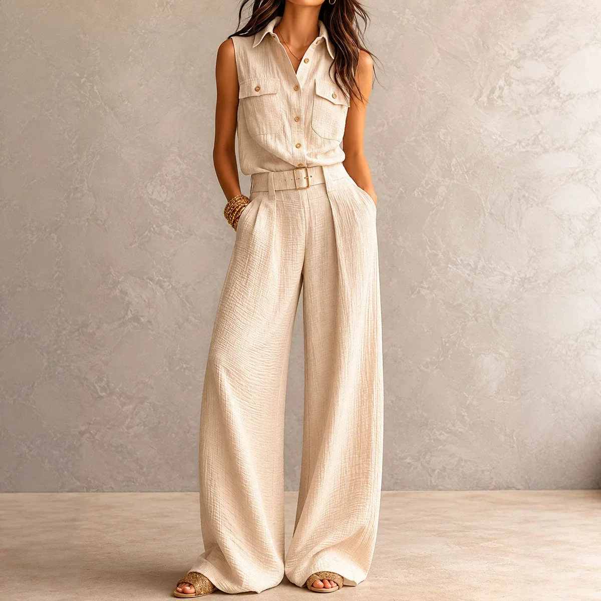 Cotton Linen Blouse Top Pocket Wide Leg Pants Matching Set Spring Summer
