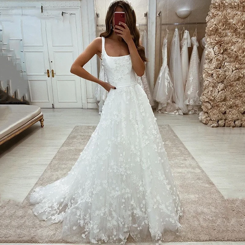 

Sleeveless Lace Wedding Dresses Square Collar Appliques A-Line Floor Length Boho Bridal Gowns Plus Size vestidos de novia