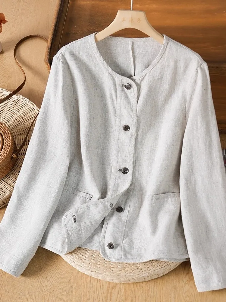 Retro Cotton Linen Long Sve irt Women's Loose Slim ort Coat round Ne Top Casual Sle Vintage Faion plus Size