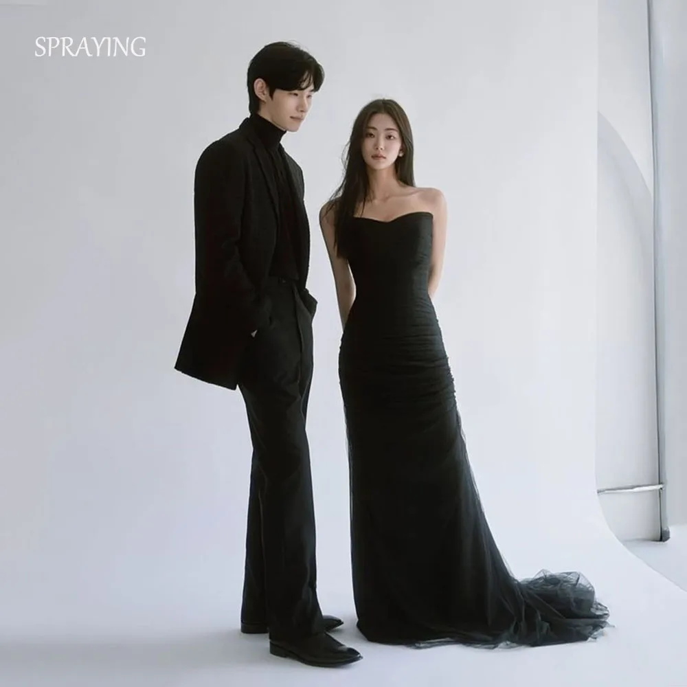 

SPRAYING Elegant Black Tulle Evening Dress Korea Wedding Photo Shoot Sweetheart Mermaid Long Party Dress Corset Customized 2026