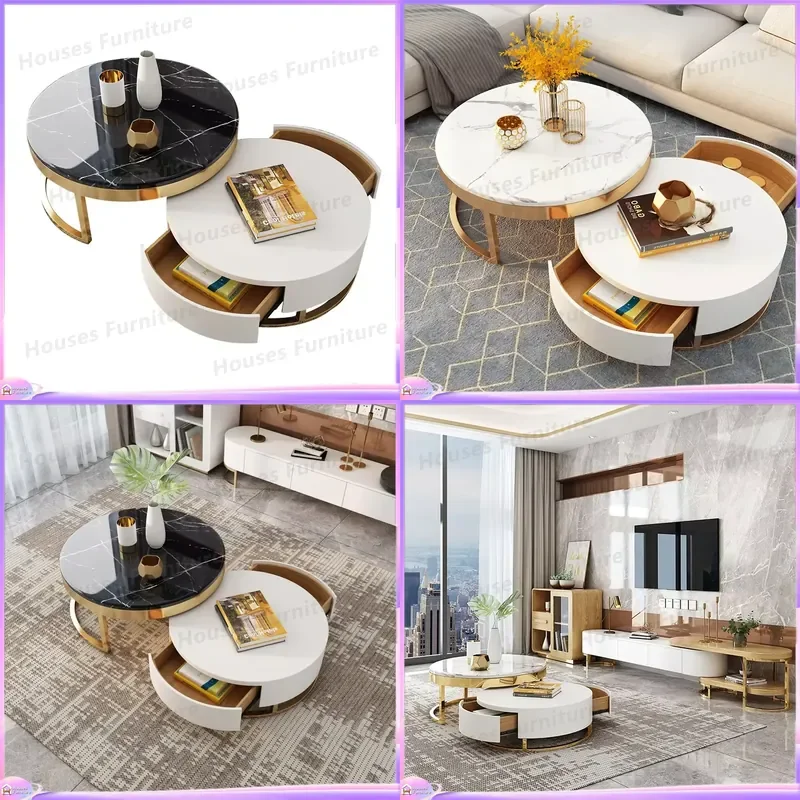 270 Modern Round Coffee Table Black Wood Glass Top Marble Base Gold Metal Legs Simple Living Room Furniture Center Tea Table