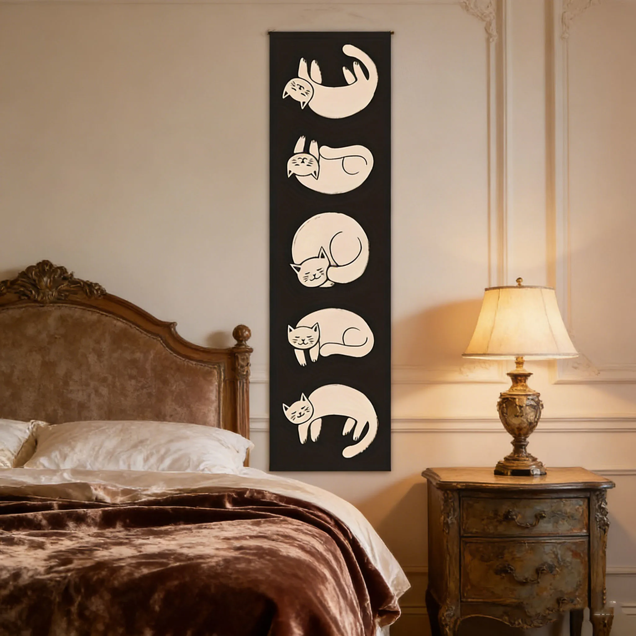 Mystical Cat Moon Phase Tapestry, Black White Bohemian Wall Decor, Lightweight Art for Bedroom Living Room Dorm, Great Gift Idea