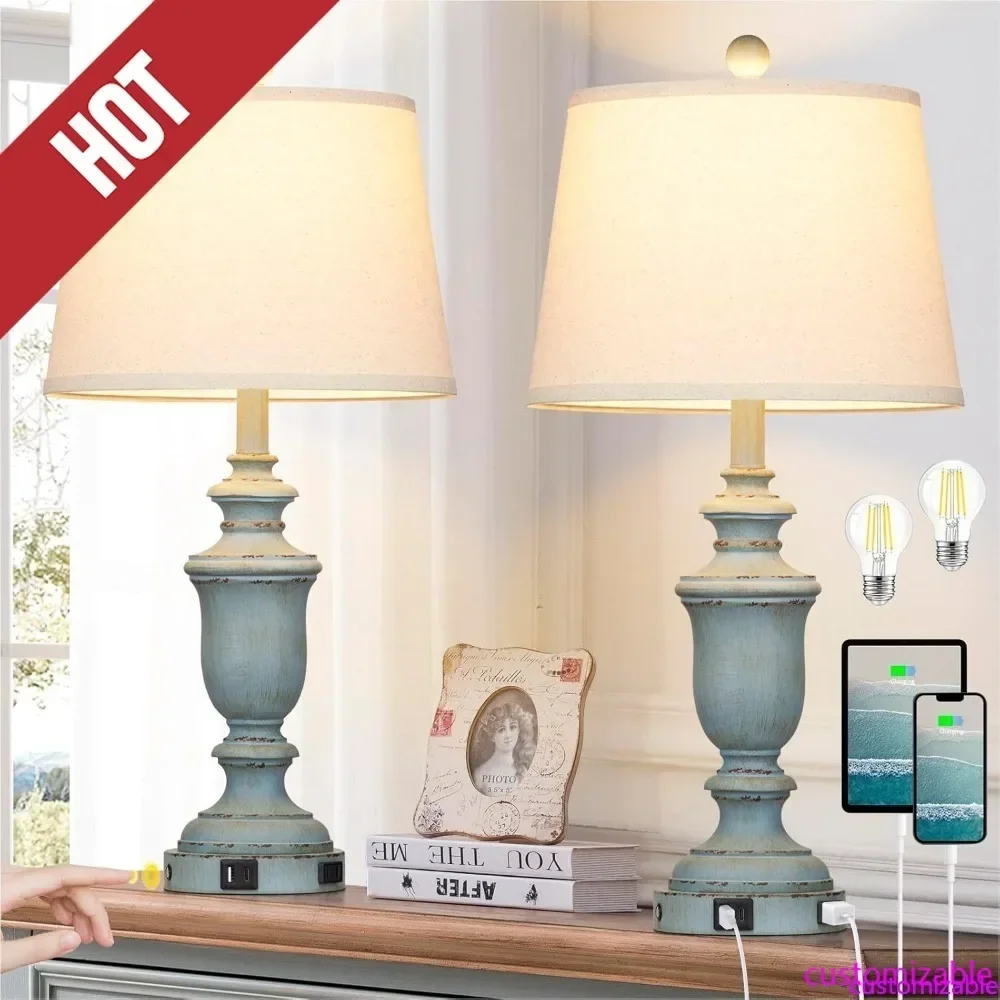 

Customizable-25.6" Coastal Table Lamps Set Of 2 With USB C+A Ports & AC Outlet For Rustic Living Room Retro Bedroom,3-Way Dimmab