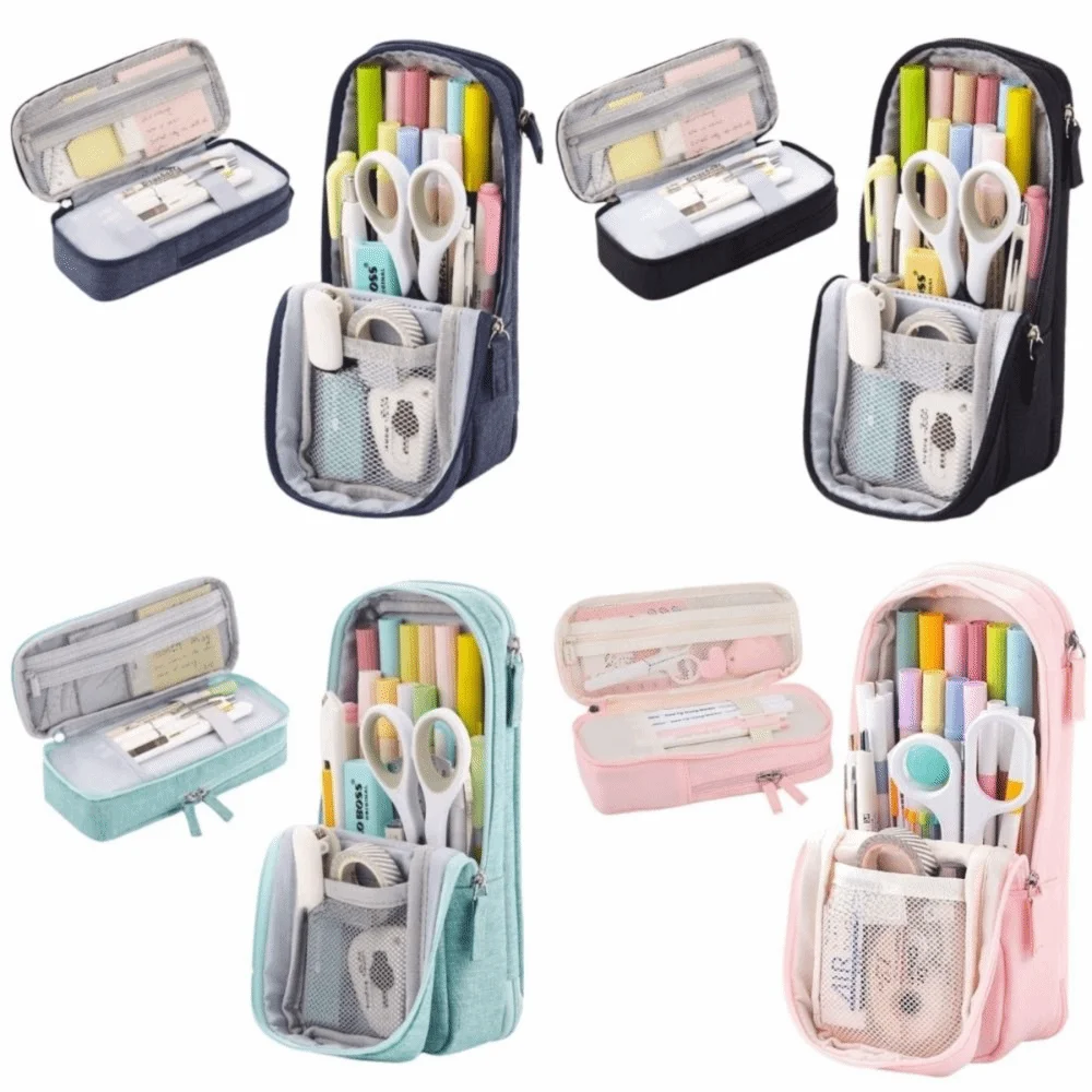 Large-capacity Folding Pencil Case Simple Double-layer Pen Storage Bag Aesthetic Zipper Student Stationary Boxes Children