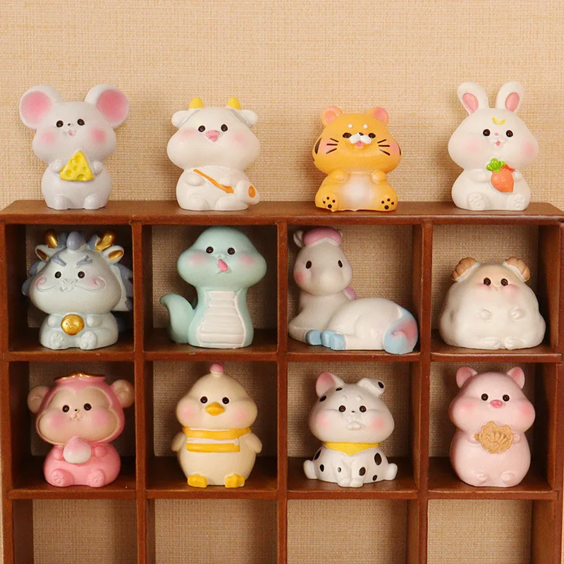 Dollhouse Simulation Miniature Cartoon Animal Ornaments Decorated With Chinese Zodiac Tiger Rabbit Puppy Doll Model Accessories