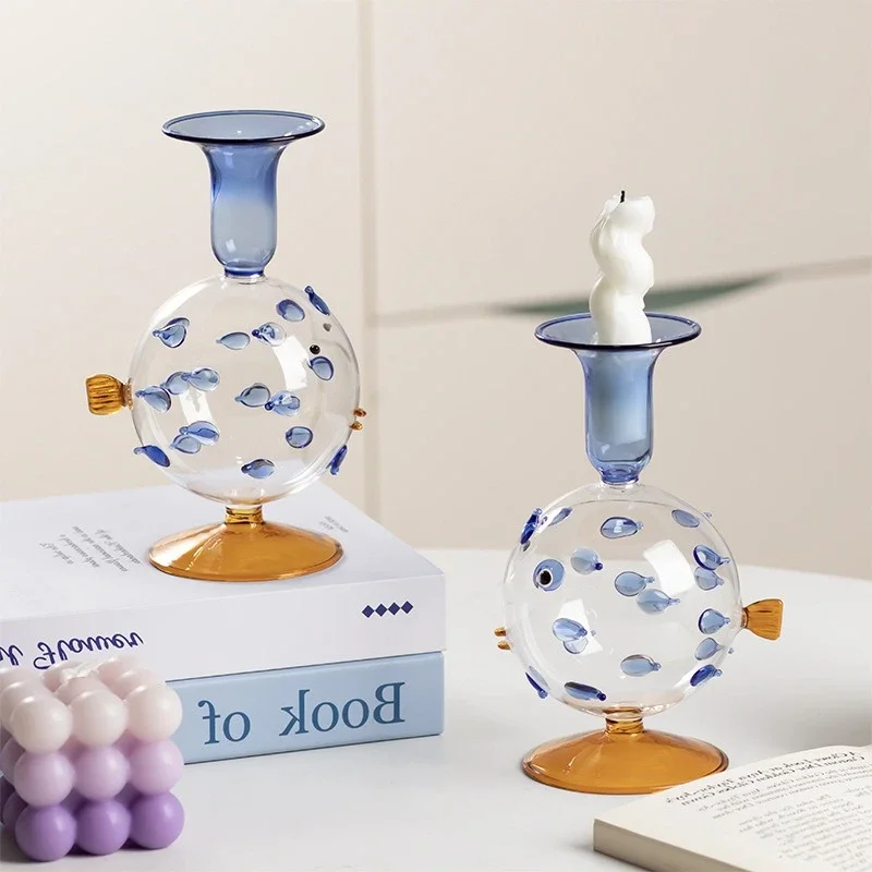 Cartoon Pufferfish Glass Candlestick Transparent Cute Fish Candle Holder Handmade Colored Glass Candle Stick Home Decoration