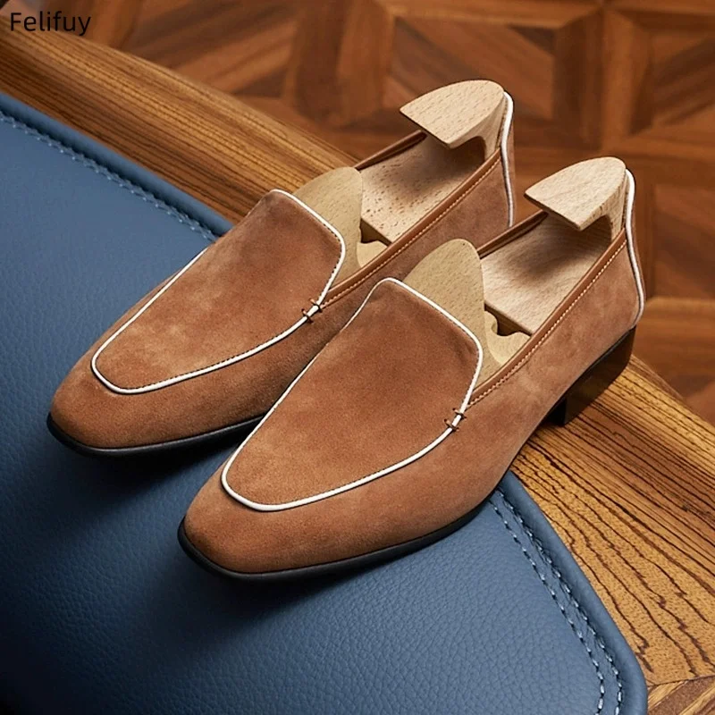 Brown Men's Cow Suede Leather Flat Loafers Comfortable Pointed Footwear Slip-Ons Luxury Formal Business Wedding Dress Shoes