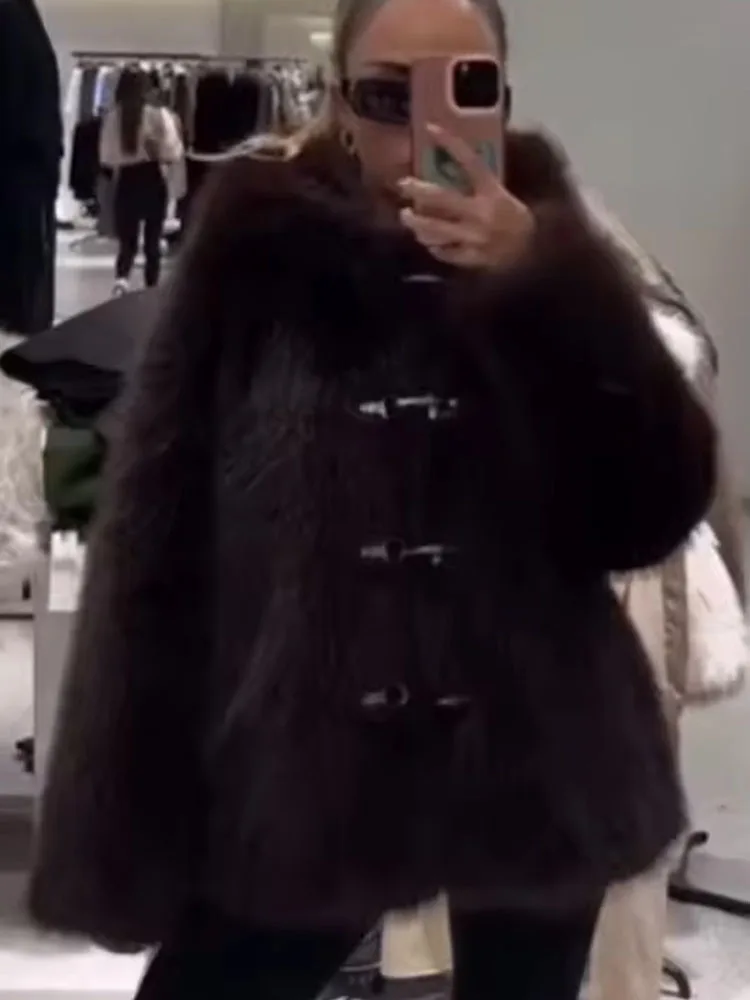 Women Fur Jacket 2025 Women New Long Sleeve Button High Street Hooded Short Fur Jacket Lady Autumn Fashion Leisure Outerwear