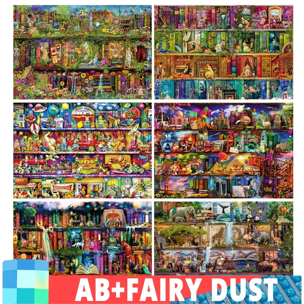 AB Fairy Dust 5D Diamond Painting Fantasy Bookshelf Magic World Landscape DIY Full Embroidery Cross Stitch Mosaic Home Decor