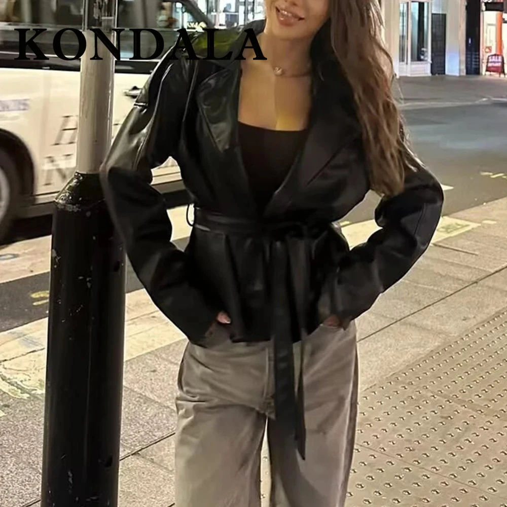 

KONDALA Vintage PU Fashion 2025 Autumn Windbreaker Chic Single Breasted Streetwear Straight Sashes High Street Black Female Coat