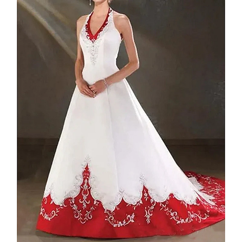 

White And Red Embroidery Wedding Dress For Bride Halter Neck Backless Elegant Vintage A Line Satin Bridal Gowns