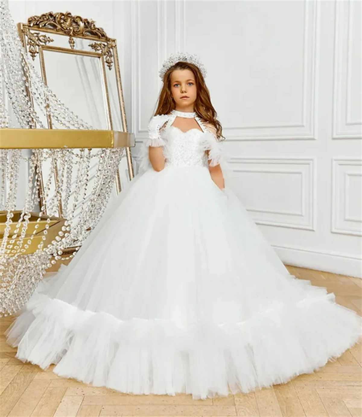 Flower Girl Dress White Fluffy Layered Tulle Sparkle Applique Wedding elegante Flower children's First eucaristic Party Dress