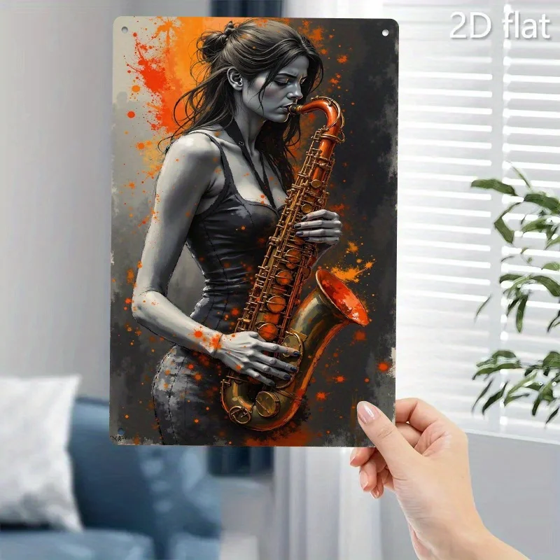 2D Flat, 2D Flat, [2D Flat]2D Flat, 1pc Vintage Saxophone Player Metal Wall Art – 8.0X12.0Inch Music Decor with Saxophone & Fema
