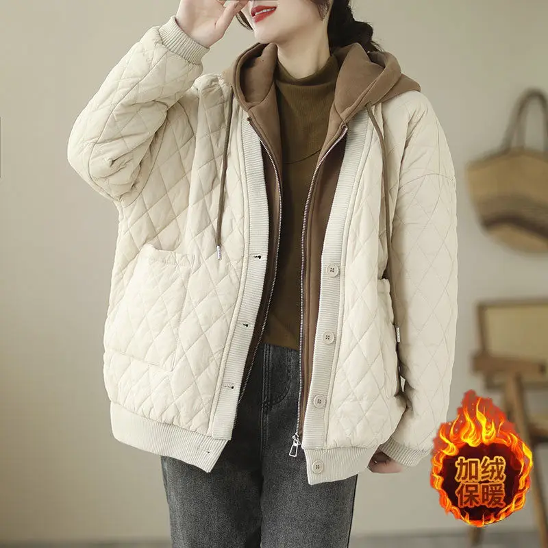 Argyle Cotton Jacket For Women Winter Big Size Korean Hooded Loose Design Splicing Fake Two Piece Padded Sweatshirt Coat T1647