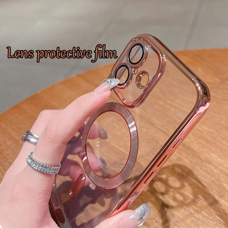 Luxury Magnetic Transparent Phone Case For iPhone 16 15 14 13 12 11 Pro Max Plus Magsafe Lens Protection Plating Soft Thin Cover