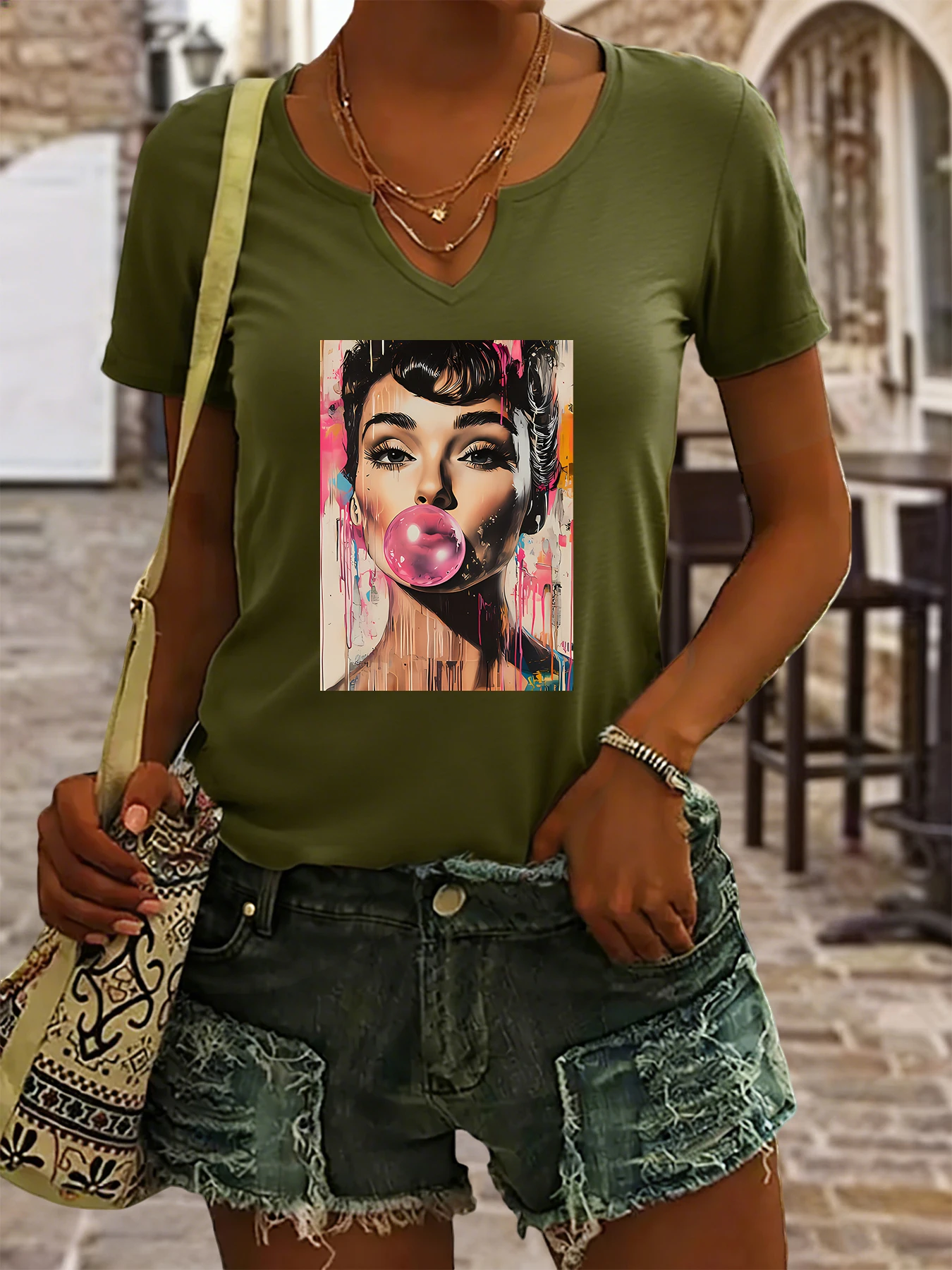 Women's Summer V-Neck Short Sleeve T-Shirt, Pop Art Bubble Gum Woman Print, Retro Graffiti Style Casual Fashion Top