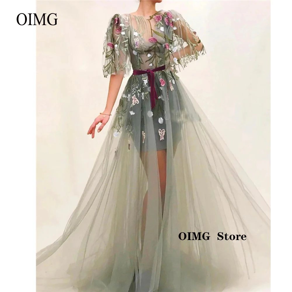 

Long Two Pieces Evening Dresses Printed Tulle Flowers Sleeves Party Prom Gowns Special Occasion Dress Robe de soiree Outfit