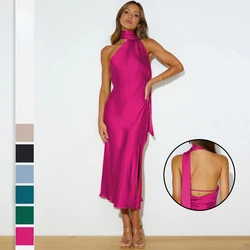 Fashion Satin Summer Dress Women Off-the-shoulder Sundress Backless Sexy Dress Sleeveless Dress for Women French Evening 2024