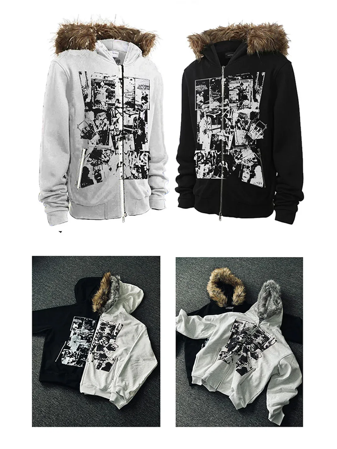 

Unisex Y2K INS American Retro Street Trend Punk Print Fur Collar Hooded Cardigan Sweatshirt - Hoodie with Punk Print Design