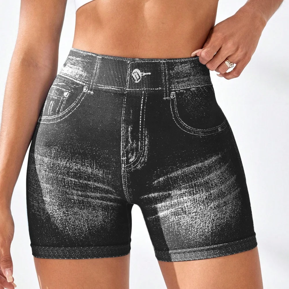 Women V back Shorts Faux Jeans Elastic Workout Sports Yoga Pants Butt Lifting Leggins Fitness Athletic Short Tights Seamless