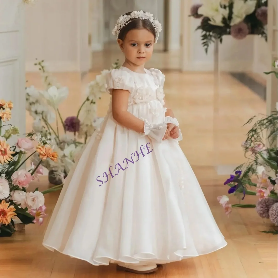 فستان فتاة الزهور مخصص مزين بخصر عالٍ على شكل حرف a وأكمام قصيرة بطول الأرض فستان جميل لعيد الميلاد الأول #2