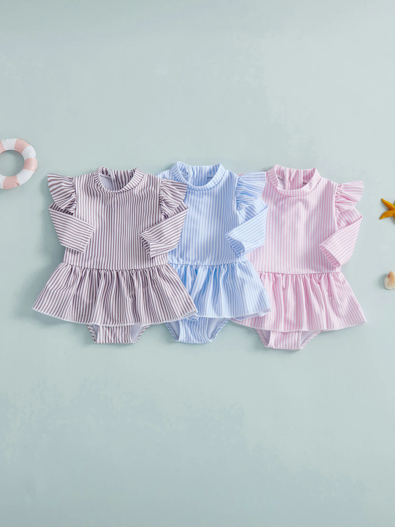 

Adorable Baby Girl Swimsuit with Cute Ruffle Sleeves and Stand Collar Stylish Striped Print Skirted Rash Guard