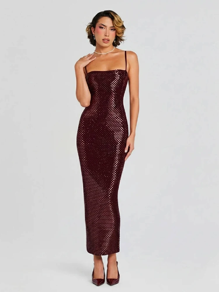 Sukienka maxi VC Women w kolorze burgundowym z cekinami – seksowna sukienka wieczorowa na ramiączkach spaghetti, dopasowana, czerwona sukienka bodycon na koktajl i imprezy, vestidos