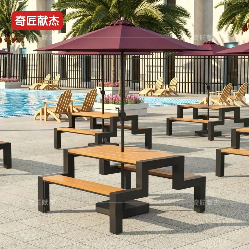 Black Square Tube Integrated Plastic Wood Table and Chair Set Waterproof Sunproof Outdoor Commercial Balcony Scenic Area Long
