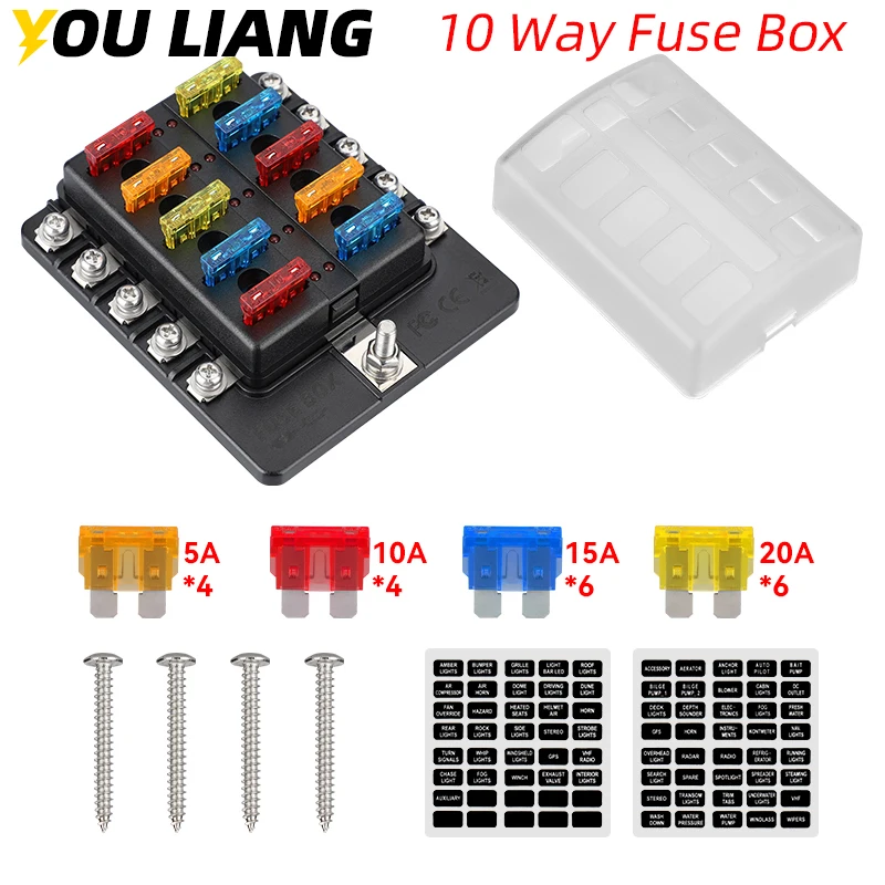 Fuse Box Holder With 10 Ways Blade Fuse Holder Block & Warning Indicator 12V 36V Panel Board For Car Boat vehicles marine Truck