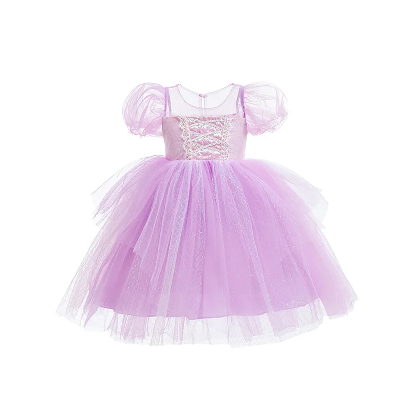 

Puff-Sleeve Princess Gown in Light Purple | Lace-Adorned Tulle Dress for Girls' Halloween,Kids Halloween Dress-Up