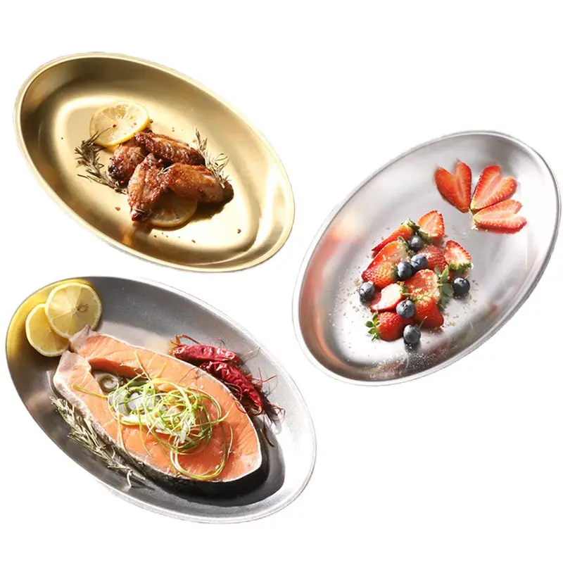 

Korean Style Stainless Steel Dining Plate,Oval Plate,Dessert Flat Bottom Elliptical Plate,Extra Thick Barbecue Plate,Fruit Tray,