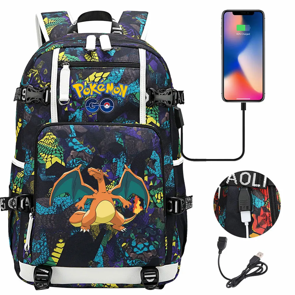 Pikachu Pokemon Backpack Teenage Boys Girls USB Canvas Schoolbags Student book bag Camouflage Capacity School Mochilas