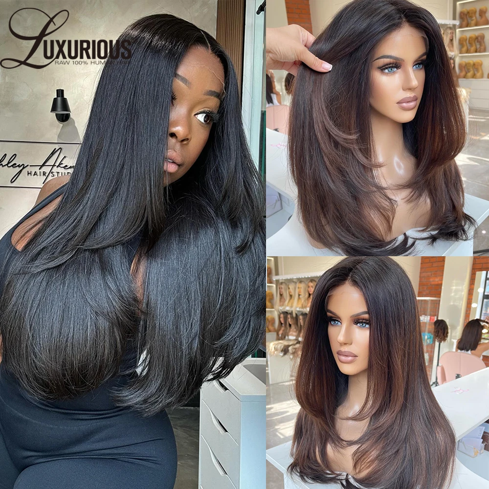 Ombre Brown Layered 13x4 Glueless Lace Front Human Hair Wig Raw Human Hair Wigs For Black Women Wear And Go 4x4Lace Closure Wig