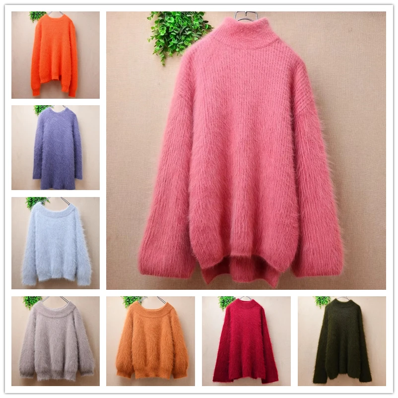 Ropa de Otoño Invierno para mujer, Jersey de punto con pelo de conejo Angora peludo a rayas, Jersey holgado de manga larga con cuello redondo