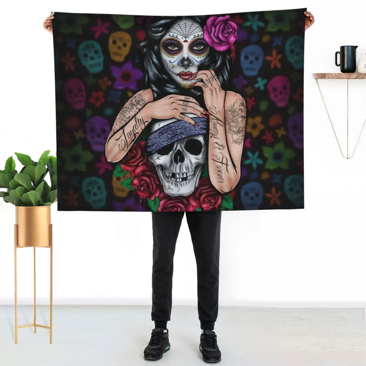 sugar skull floral Tattoo girl day of the dead Throw Blanket Decorative Sofa Kid'S funny gift Fashion Sofas Nap Blankets