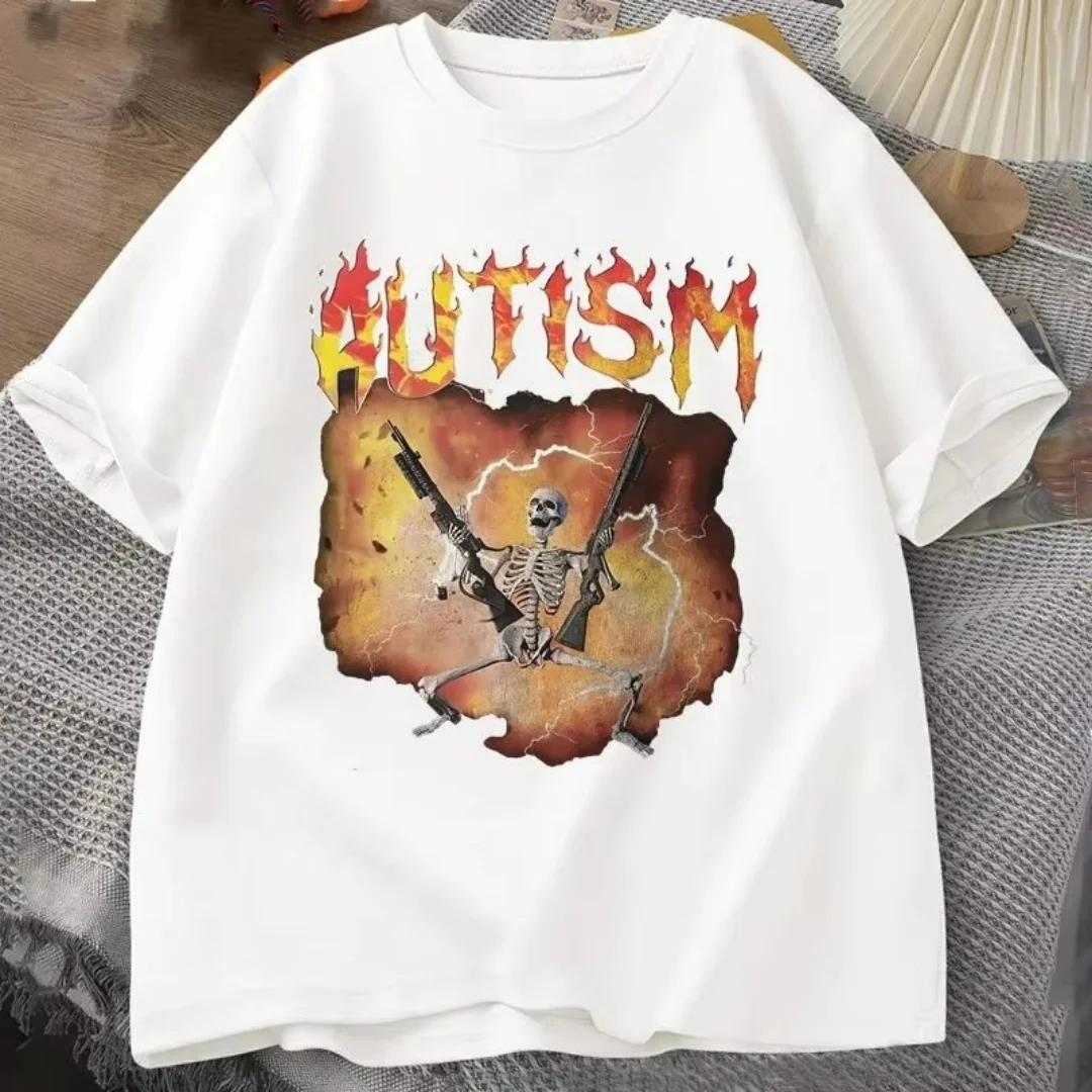 Camisetas التوحد مضحك الهيكل العظمي Ropa Hombre الصيف موضة الترفيه تنوعا القطن الخالص الرجال والنساء Y2K تي شيرت