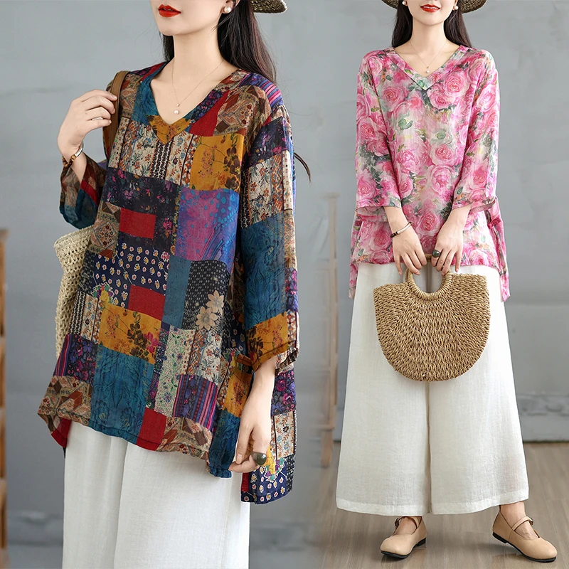 

Модная повседневная льняная рубашка свободного кроя с V-образным вырезом, средней длины, с этническим принтом, универсальная, больших размеров, с рукавом 3/4